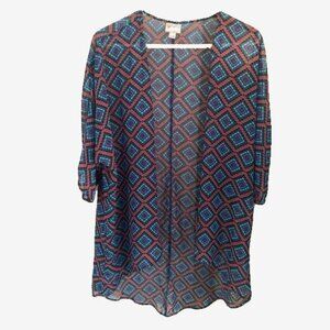 LulaRoe Kimono Sheer Blue & Red Geometric Pattern Kimono Women's Size Small NWOT